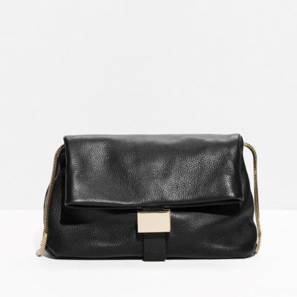 & Other Stories Soft Leather Fold Over Crossbody Bag Black and Gold Snake Chain - Picture 1 of 12